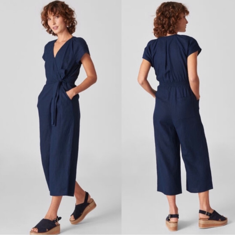 Whistles Navy Linen Wrap Wide-Leg Jumpsuit